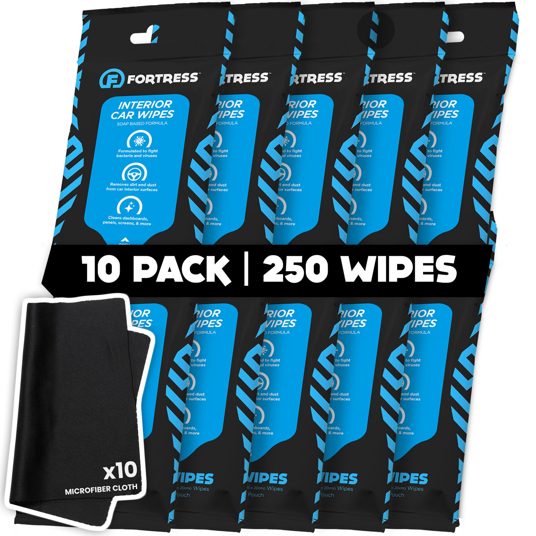 Fortress Car Wipes 10-pack with 10 microfiber cloths