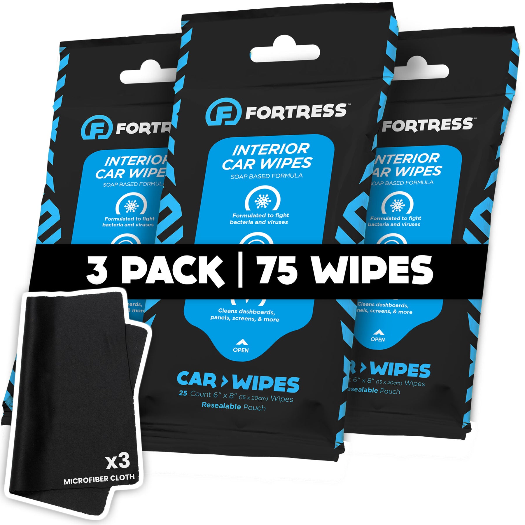 Fortress Car Wipes 3-pack with 3 microfiber cloths