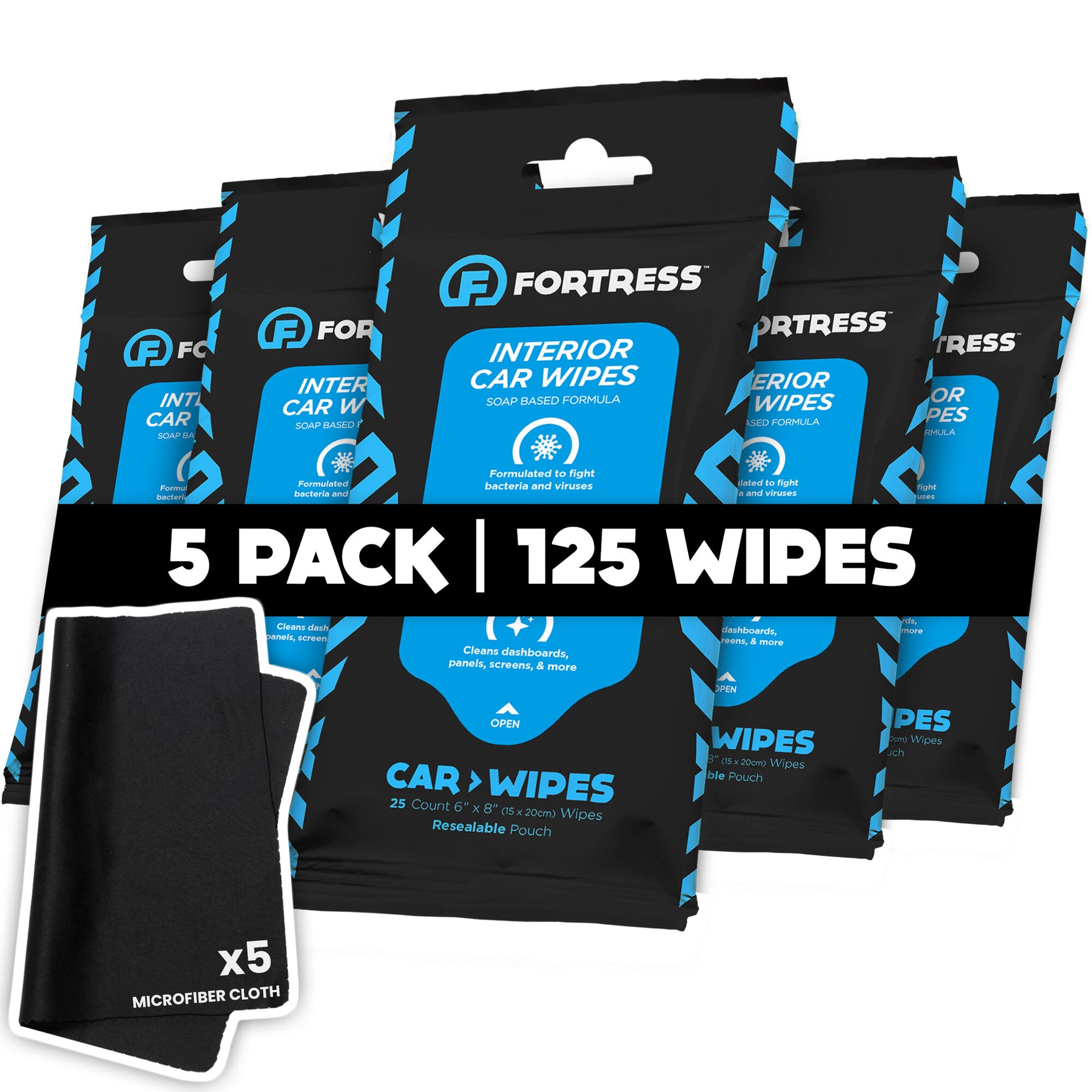 Fortress Car Wipes 5-pack with 5 microfiber cloths